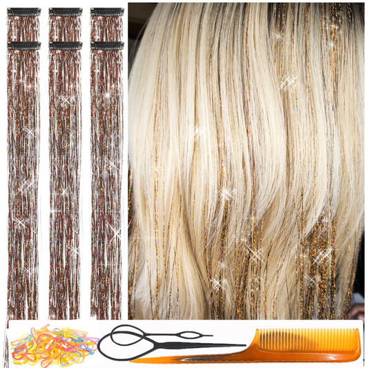 CelineBella Coffee Brown Hair Tinsel Clip in for Cosplay Party Festivals(24 Inch Pack of 6Pcs, Coffee)