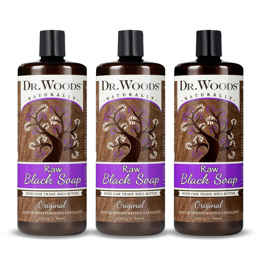 Dr. Woods Raw African Liquid Black Soap - Body Wash for Men and Women, Contains Organic Shea Butter, Gentle Exfoliant, Natural Cleanser for Face, Hands, and Body - 32 Fl Oz, Pack of 3