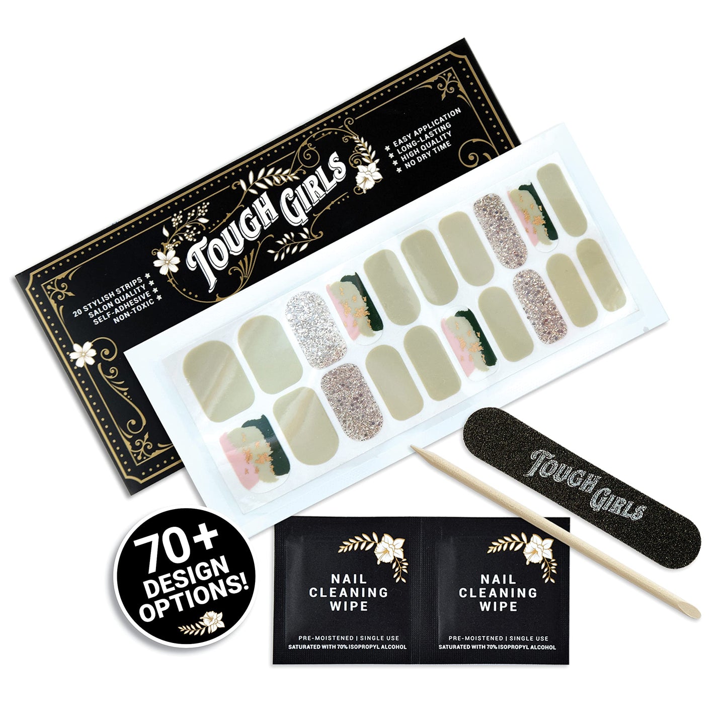 TOUGH GIRLS | 20 Exquisite Gel Nail Polish Strips w/Application Accessories - No UV/LED Lamp Required (Pale Green, Pink, Gold & Sparkles)