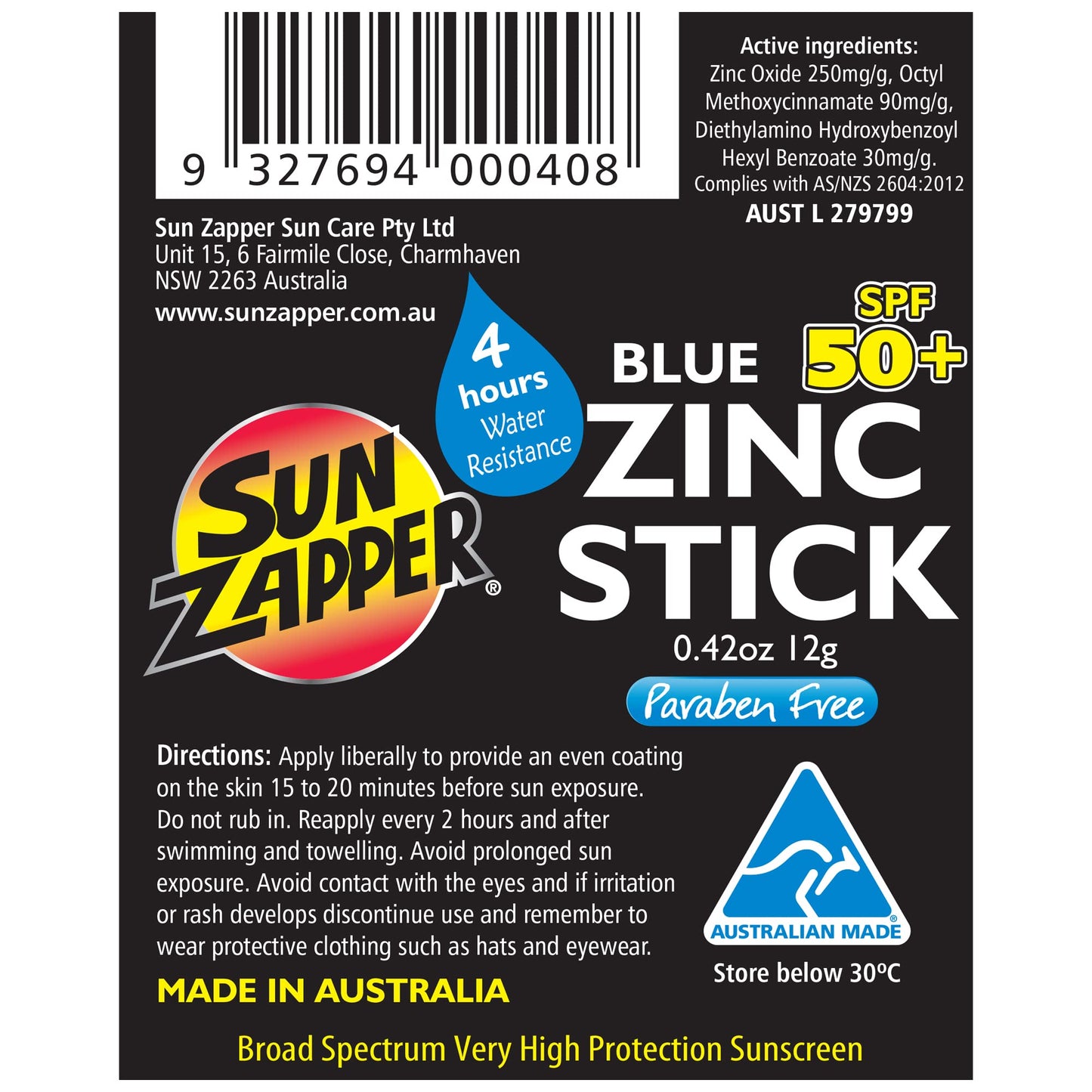 Sun Zapper Zinc Oxide Sunscreen Stick Mineral Blue SPF 50+ Water Resistant for Face & Body, Adults, Kids (0.42 Oz, 12g) Broad Spectrum Sun Block, Made in Australia