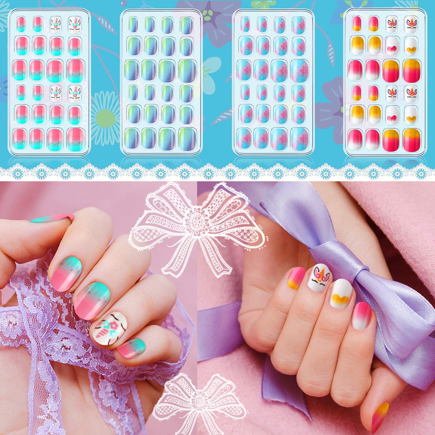 384 Pieces Kids Press on Nails Mini False Nails with Designs Press on Nails for Kids Stick on Short Fake Nails for Christmas Nail, 16 Boxes (Rabbit, Unicorn)