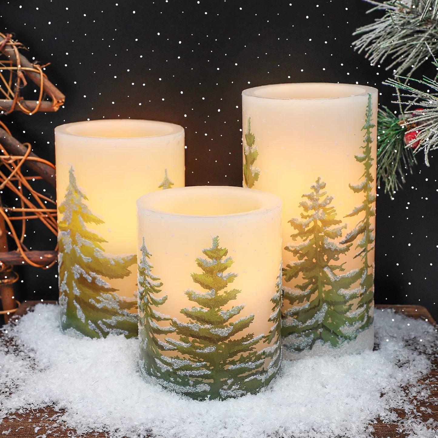 REVELBUNNY Christmas Tree Flameless Candles, Battery Operated LED Pillar Candles with Remote Control and Timer, Real Wax Electric Candles for Xmas Holiday Party Home Decoration, Set of 3