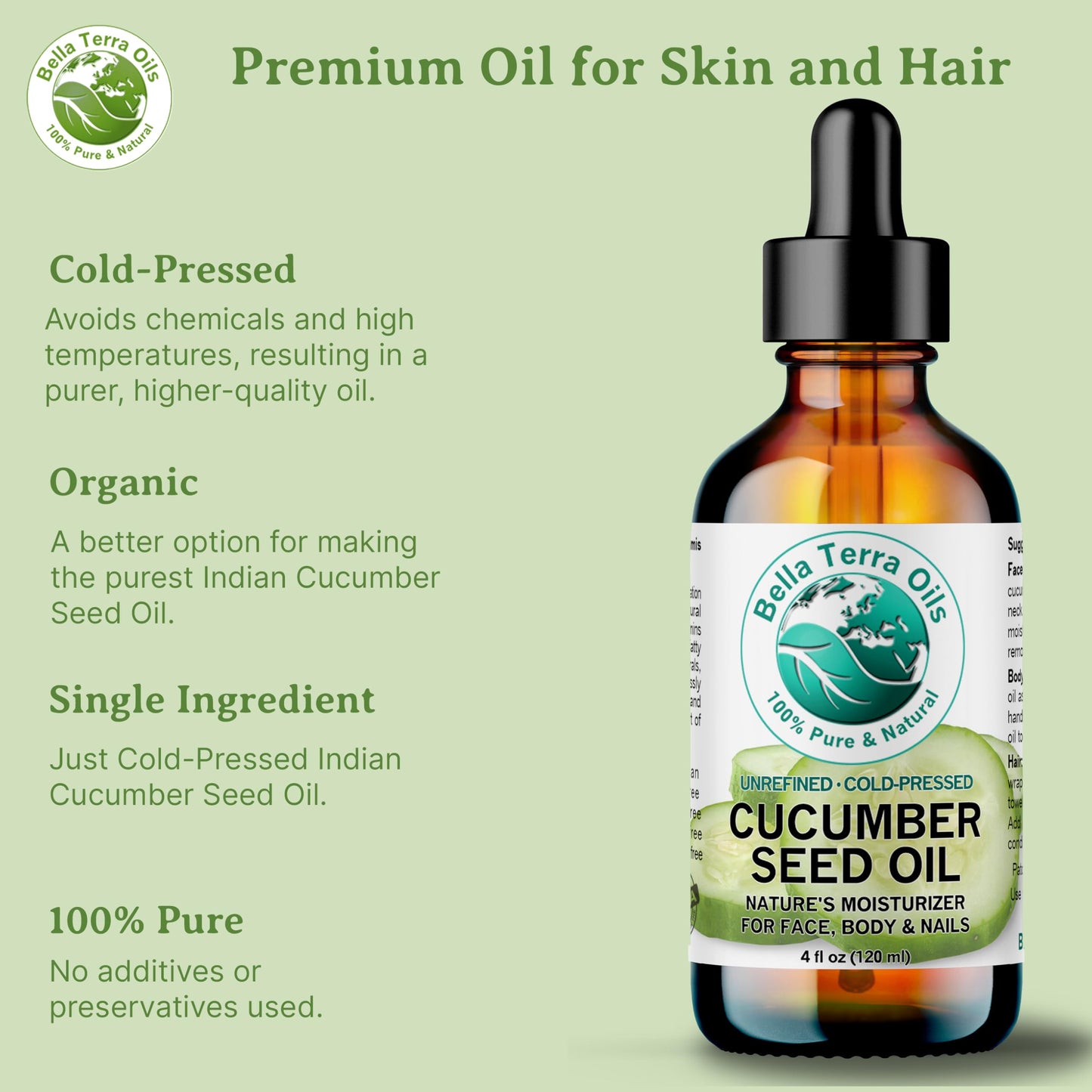 Pure Cucumber Seed Oil for Refreshing Skin and Hair Care – 1 Gallon, Vitamin E Rich. Bella Terra Oils