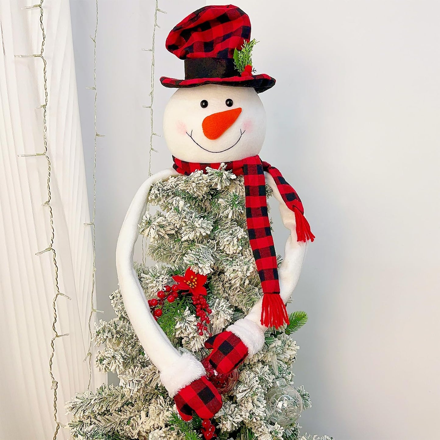 Juegoal Christmas Snowman Tree Topper, Large Plush Snowman Treetop Hugger with Red Black Plaid Top Hat & Scarf, Xmas Tree Ornament Supplies Holiday Winter Home Wonderland Party Decorations