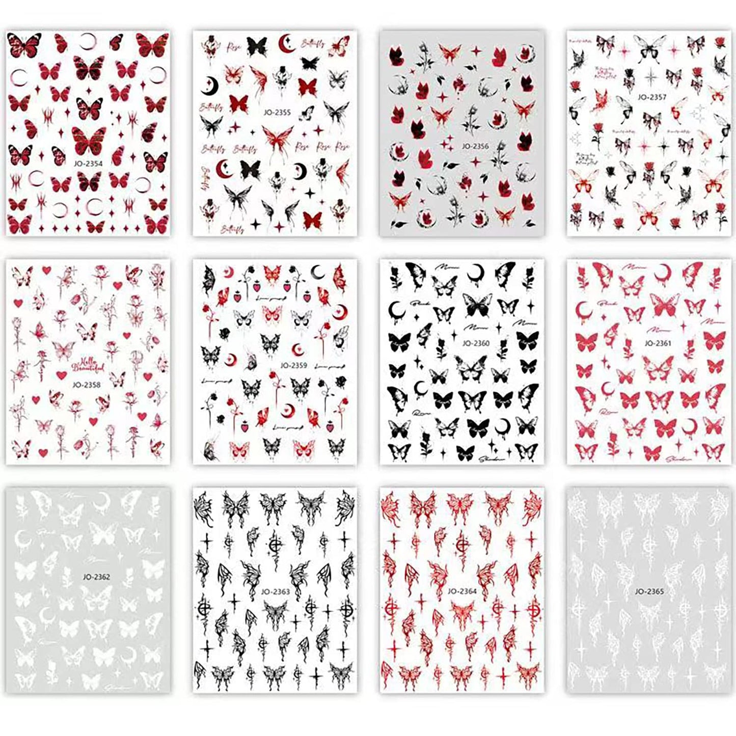 12 Sheets Butterfly Nail Art Sticker Decals, Black Red White Butterflies Nail Art Designs, 3D Butterfly Nail Self-Adhesive Sticker Acrylic Supplies for Women Manicure Decorations, DIY Resin Decal