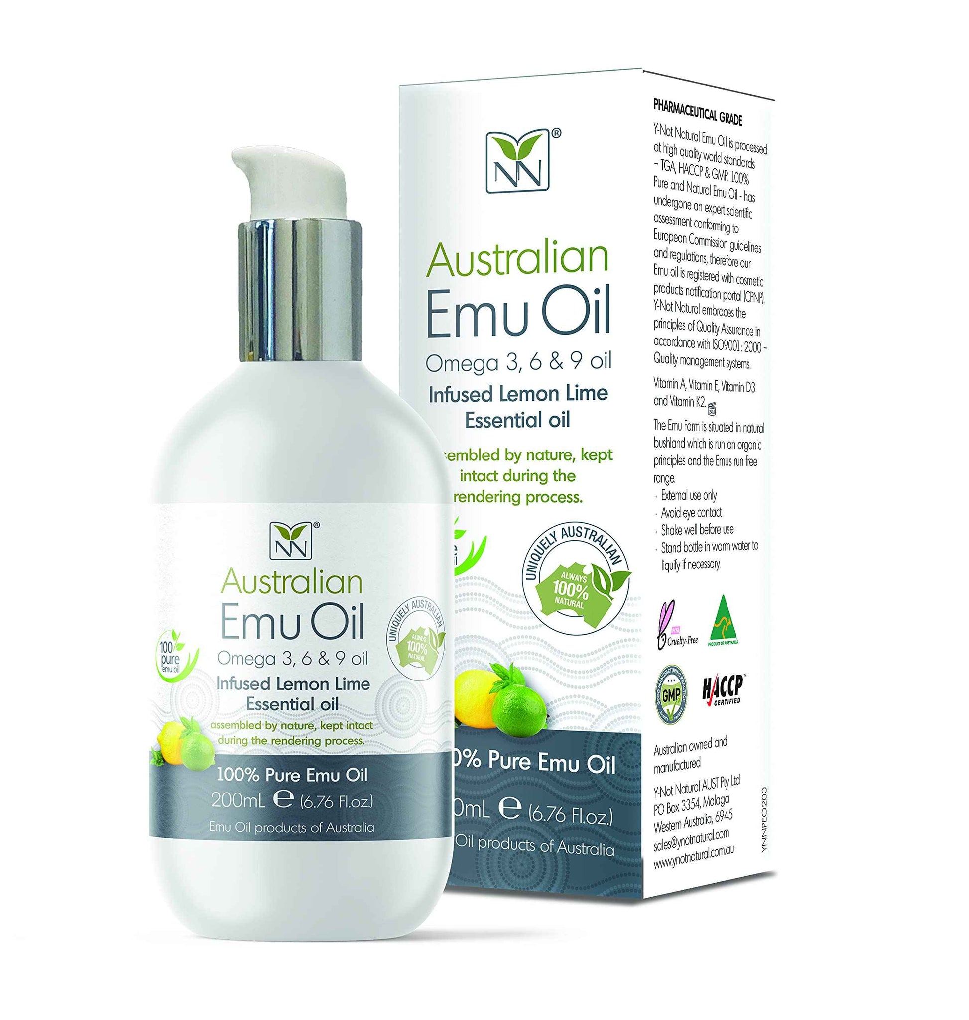 Y Not Natural Emu Oil Pure Skin Moisturizer - Nail, Body, Face, Scalp & Hair Moisturizer with Omega 3, 6, 9, Vitamins, & Minerals - Australian Emu Oil for Skincare 200 mL, Lemon Lime