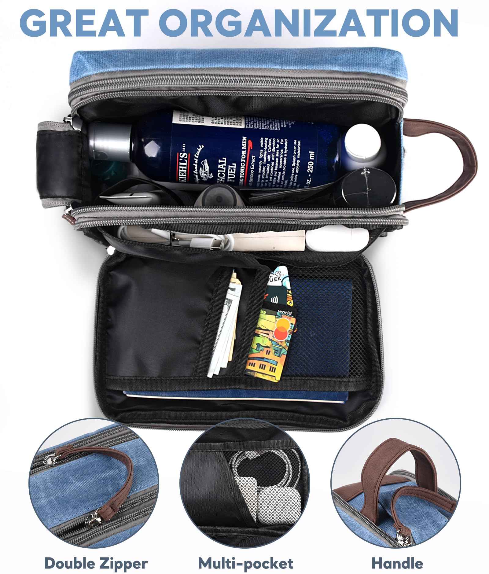 CaCTOUR Toiletry Bag for Men,Large Toiletry Travel Bag,Leather and Canvas Toiletries Bag Dopp Kit Men,Water-resistant Hygiene Bag Shaving Bag for Travel Toiletries Accessories (Blue)