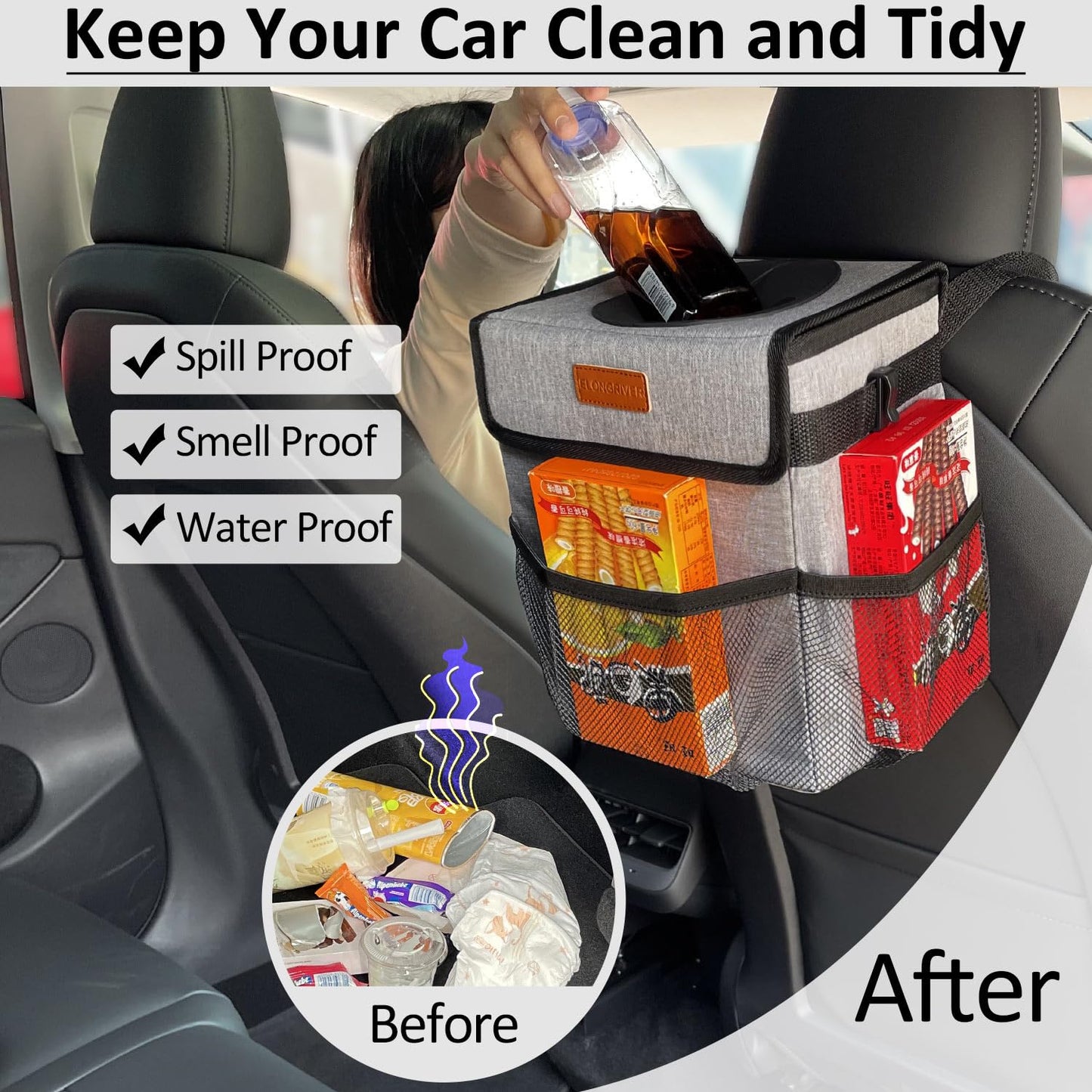 ELONGRIVER Car Trash Can Bin for Back Seat Leak Proof, Cute Trash Bag Hanging, for SUV Truck Van, Automotive Vehicle Garbage Cans Front Seat Grey