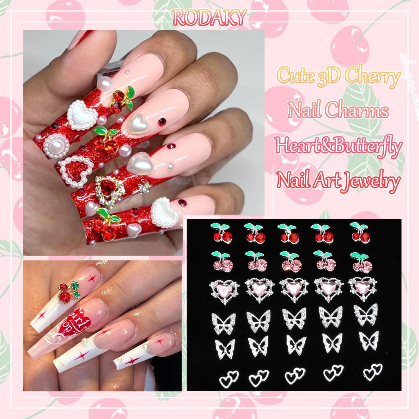 RODAKY 40PCS Butterfly Nail Charms Red Cherry Nail Art Charms Pink Heart Nail Rhinestone Cute Cherries Nail Gems Mixed Style Nail Decoration Accessories for Women's Manicure Nail Art