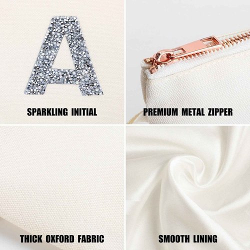 A-Z BAG 2pcs Personalised Makeup Bag Set, Canvas Cosmetic Bag with Rhinestone Initial, Birthday Gifts for Women (A, Beige)