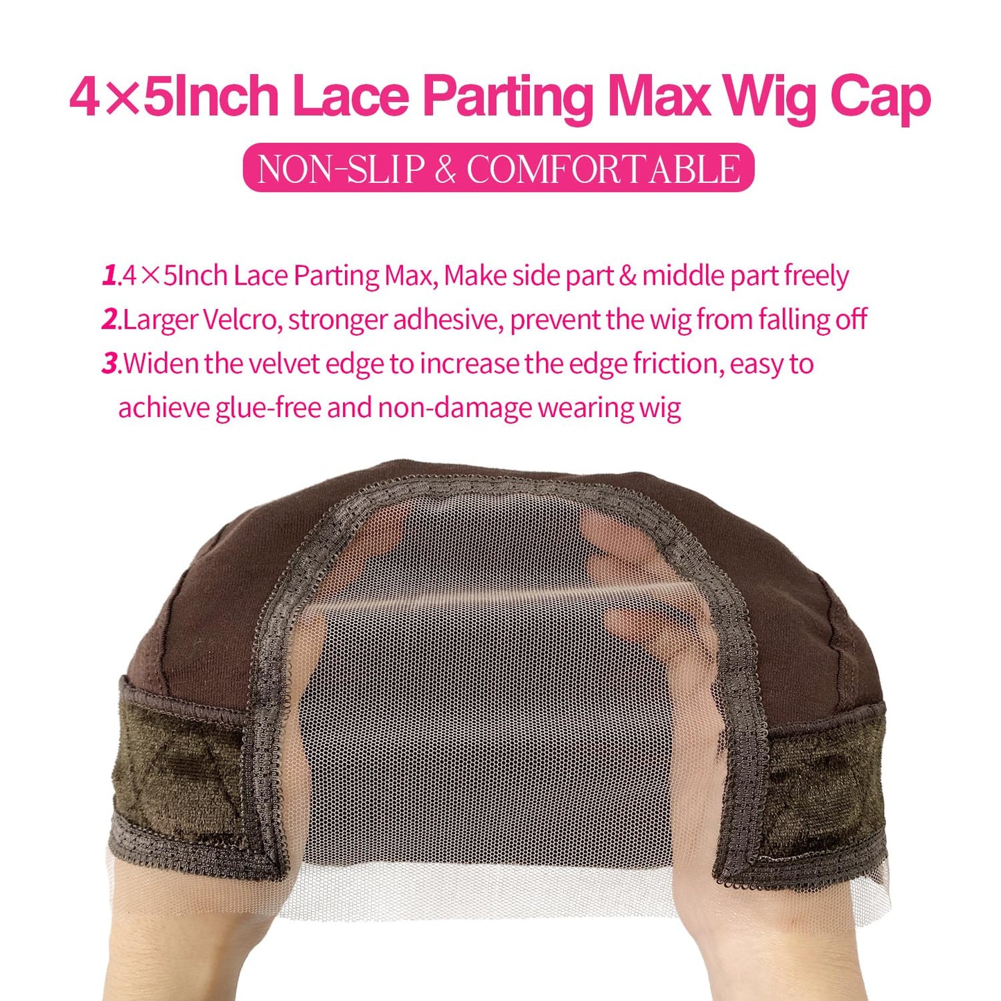 LAB HAIRS Lace Wig Cap with Grip Band for Keeping Wigs In Place, 4x5 Wider Transparent Lace for Lace Front Wig, Non-slip Cap for Glueless Wig, Adjustable Wig Grip Cap with Velcro Headband (Brown-M)