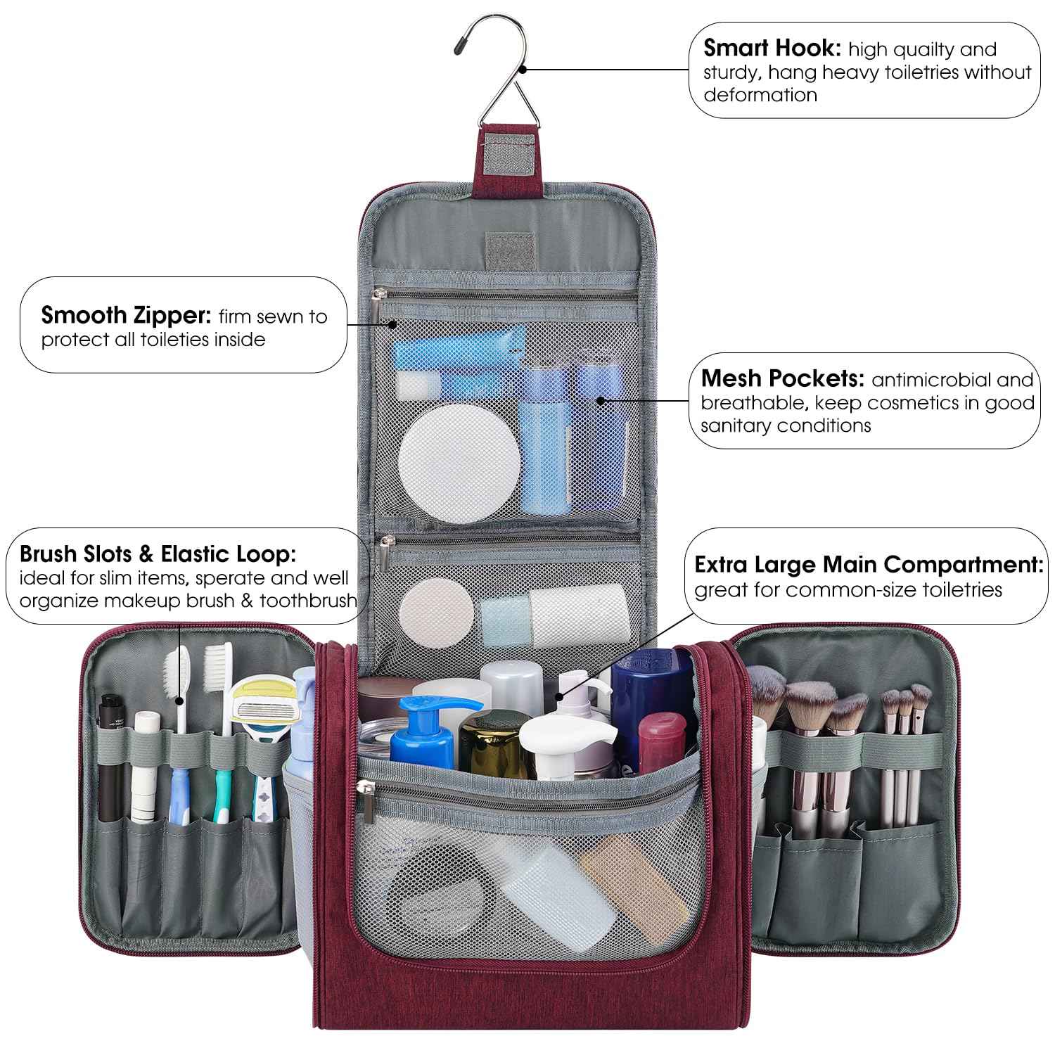 WANDF Large Hanging Toiletry Bag Travel Cosmetic Makeup Organizer Water-Resistant Shower Bathroom Bag for Women and Men (Red)