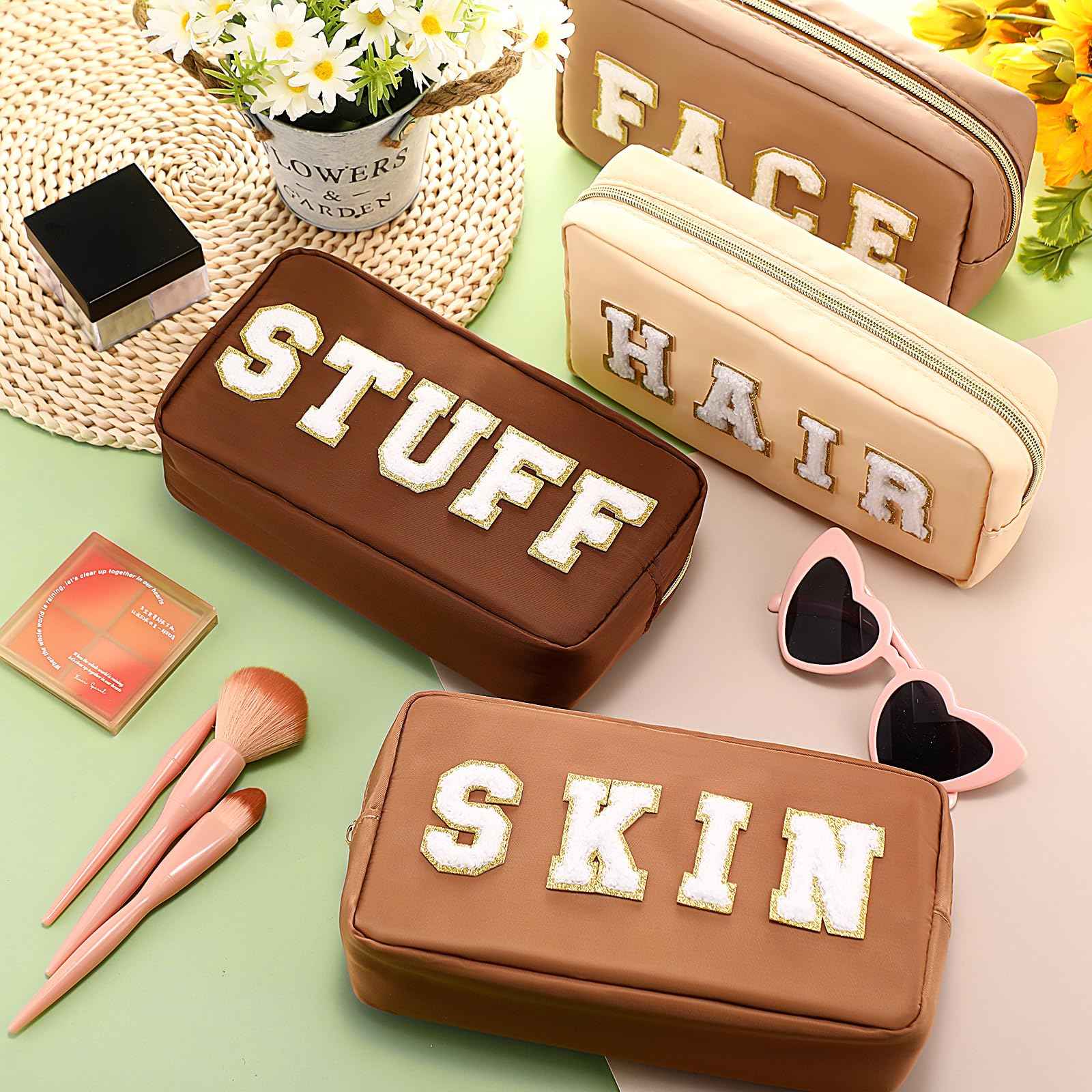 Cunno 4 Pcs Preppy Makeup Bags Chenille Letter Stuff Bag Nylon Cosmetic Pouch Cases with Zipper for Women Travel Toiletry(Brown Set,Vivid)