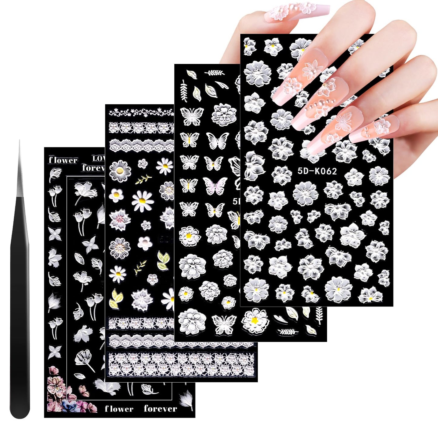 4 Sheets 5D Flower Nail Art Stickers Decals Embossed Hollow Exquisite Pegatinas Uñas 3D Self Adhesive White Lace Floral Leaf Feather Nail Accessories for Acrylic Nail Design Women Manicure Decor SET-5