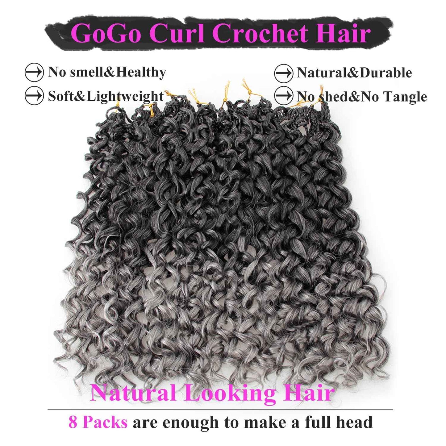 XSASLYET 24 Inch Crochet Hair for Black Women - Natural Look Deep/Water/Ocean Wave, Tangle Free Gogo Curl, Lightweight Pre Looped Curly Braids, Long Use, Easy Install, Daily Wear(8 Packs, T/Grey)