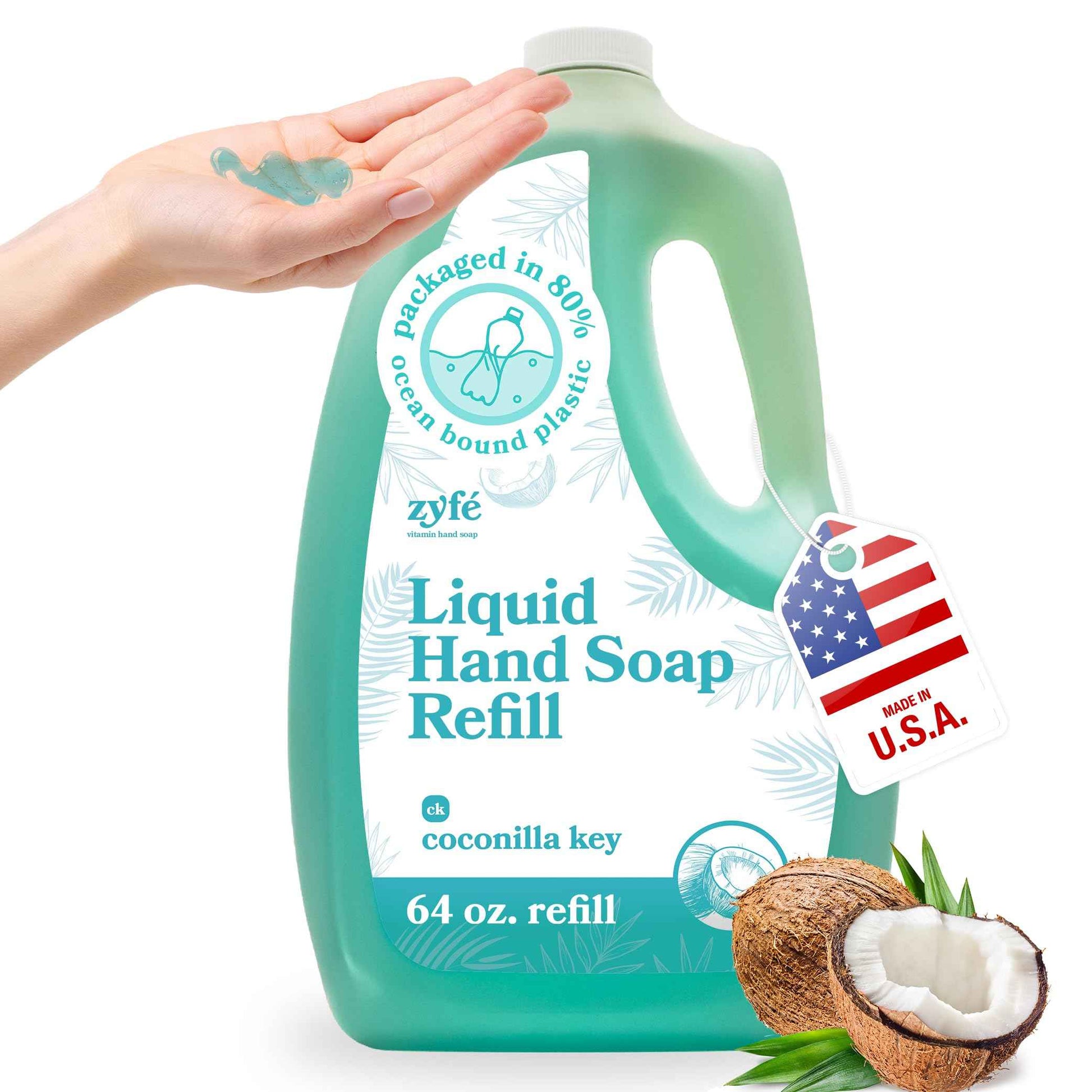 ZYFE Vitamin infused Liquid Hand Soap Refill - Natural Plant Derived Moisturizing Handsoap with Essential Oil Fragrance Coconilla Key - Soft Hand Wash for Kitchen & Bathroom - Lush Soft Soap 64oz