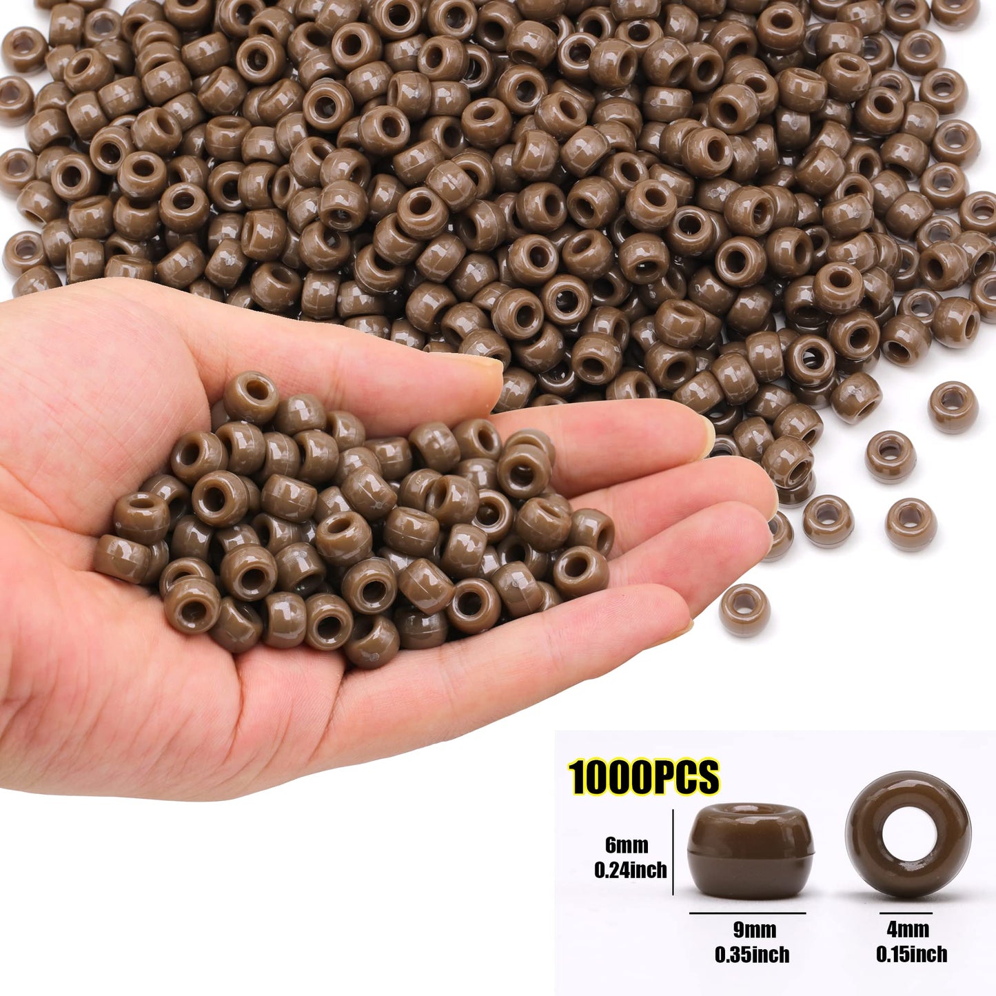 Auvoau 1000Pcs Pony Beads Bracelet 9mm Brown Plastic Barrel Pony Beads for Necklace,Hair Beads for Braids for Girls,Key Chain,Jewelry Making (Brown)