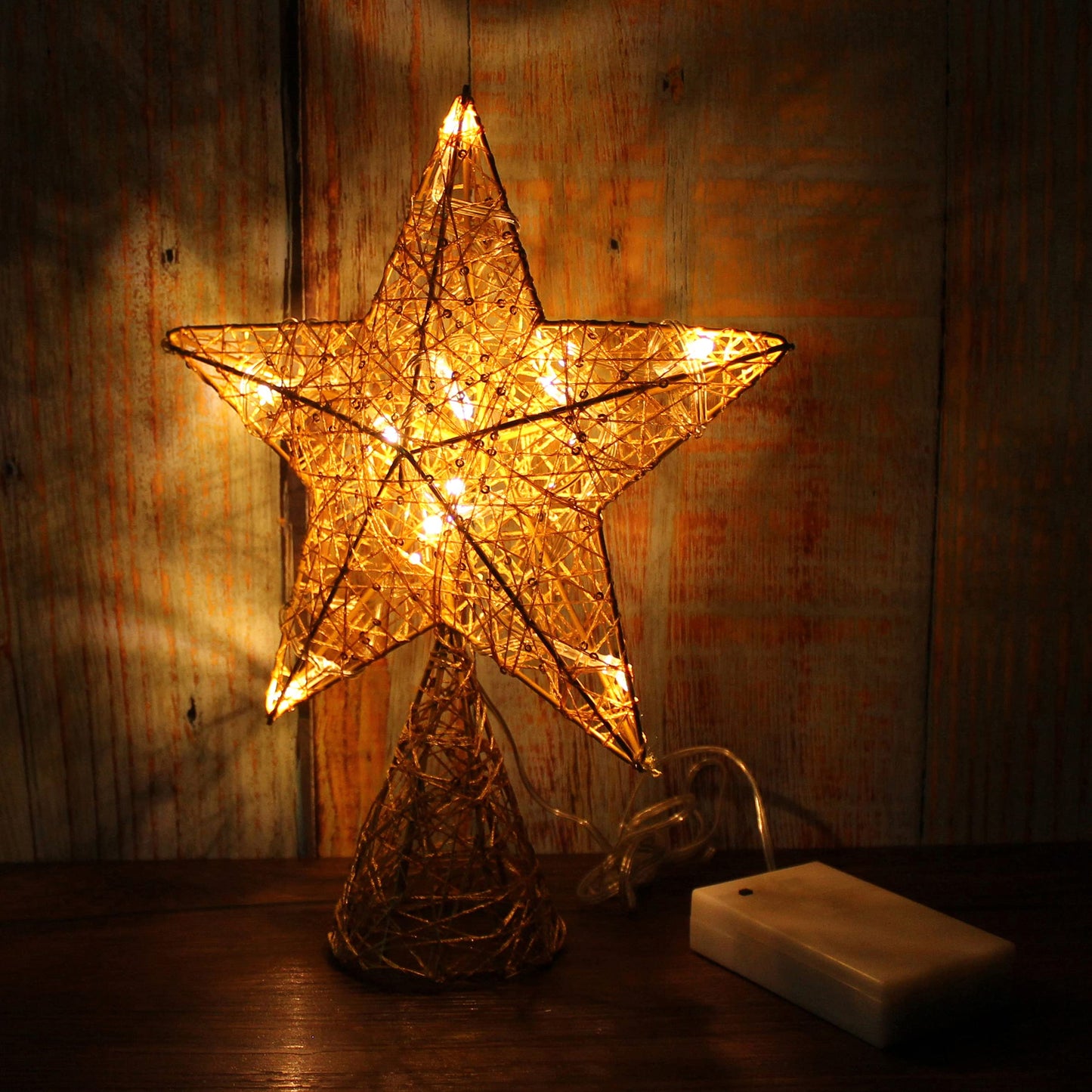 CVHOMEDECO. Gold Tree Top Star with Warm White LED Lights and Timer for Christmas Ornaments and Holiday Seasonal Décor, 8 x 10 Inch