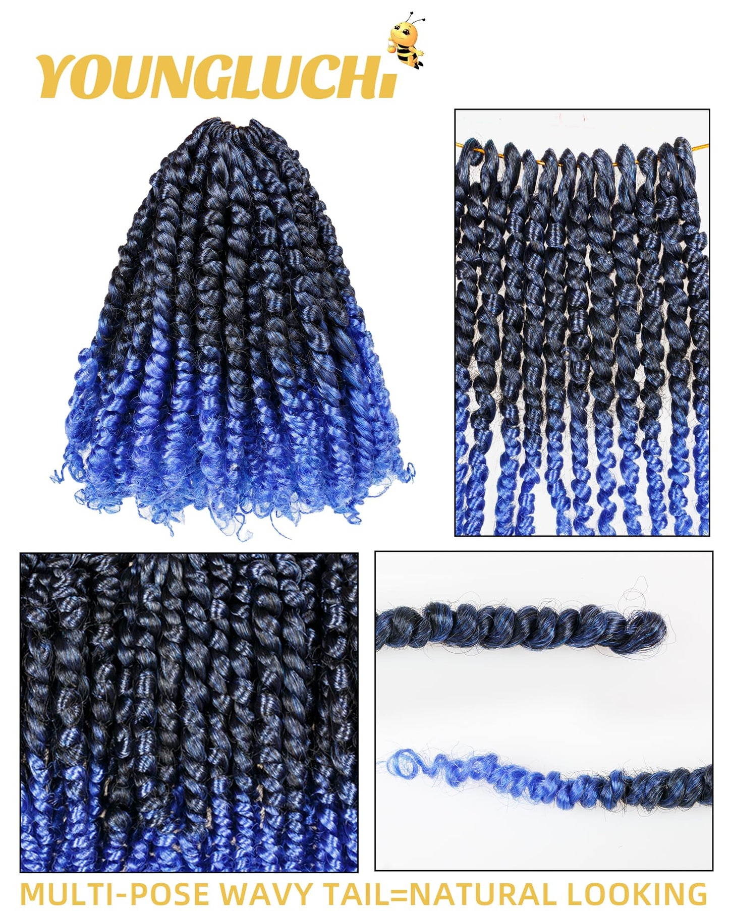 10 Inch 7 Packs Pre Looped Pretwisted Passion Twist Crochet Hair for Black Women and Kids-Ombre Blue,Soft Hair Extensions Braided by Synthetic Spring Kinky Twist Bohemian Curl(10"-7 Packs,T1B/Blue)