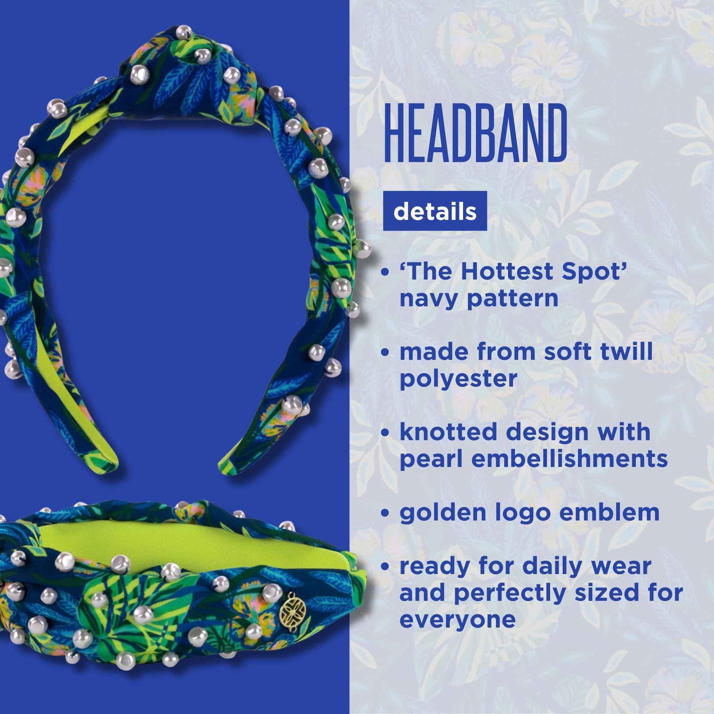 Lilly Pulitzer Colorful Knotted Pearl Headband, Wide Headband, Cute Pearl Embellished Hair Accessories for Women & Girls (The Hottest Spot Navy)