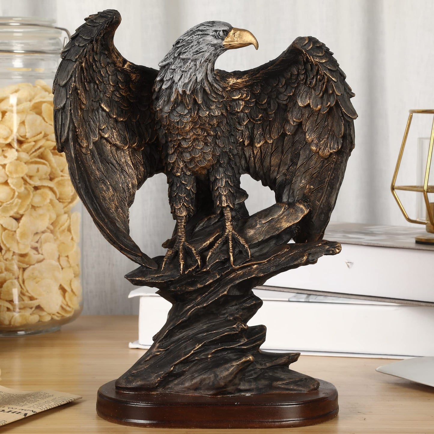 H&W 10.25" Tall Patriotic Eagle On Rocks Statue Wild Bird Eagle Decorative Bronze Patina Resin Figurine