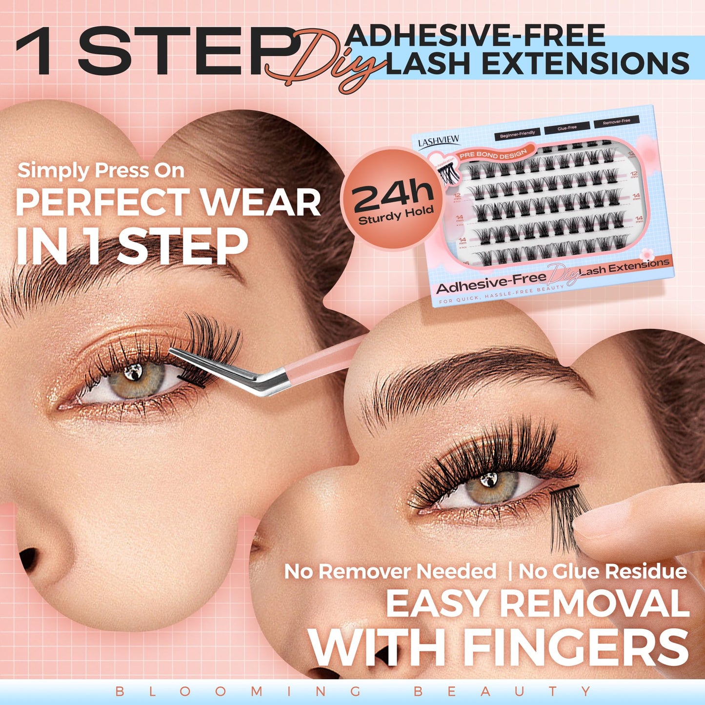 LASHVIEW Self Adhesive Eyelashes,Press On Lash Clusters Kit Pre Glued Eyelash Clusters with Applicator,No Glue No Remover Needed DIY Lash Extension Kit 10-16mm (N03 60Pcs)