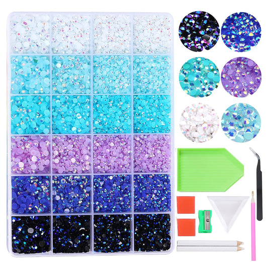 BELICEY 24000Pcs Blue Flatback Crystal Rhinestone for Craft Mixed 6 Color Size Nail Arts Crystal Rhinstones Bulk Crystals Stone Gems Bling Jelly AB Crystals for Craft Painting DIY Makeup Clothing