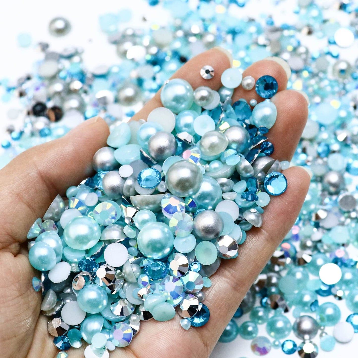 Towenm 60g Mix Pearls and Rhinestones, Flatback Rhinestones and Pearls for Crafts Tumblers Shoes Nails Face Art, 2mm-10mm Mixed Sizes Half Pearls and Rhinestones, Aquamarine|Silver|Gray