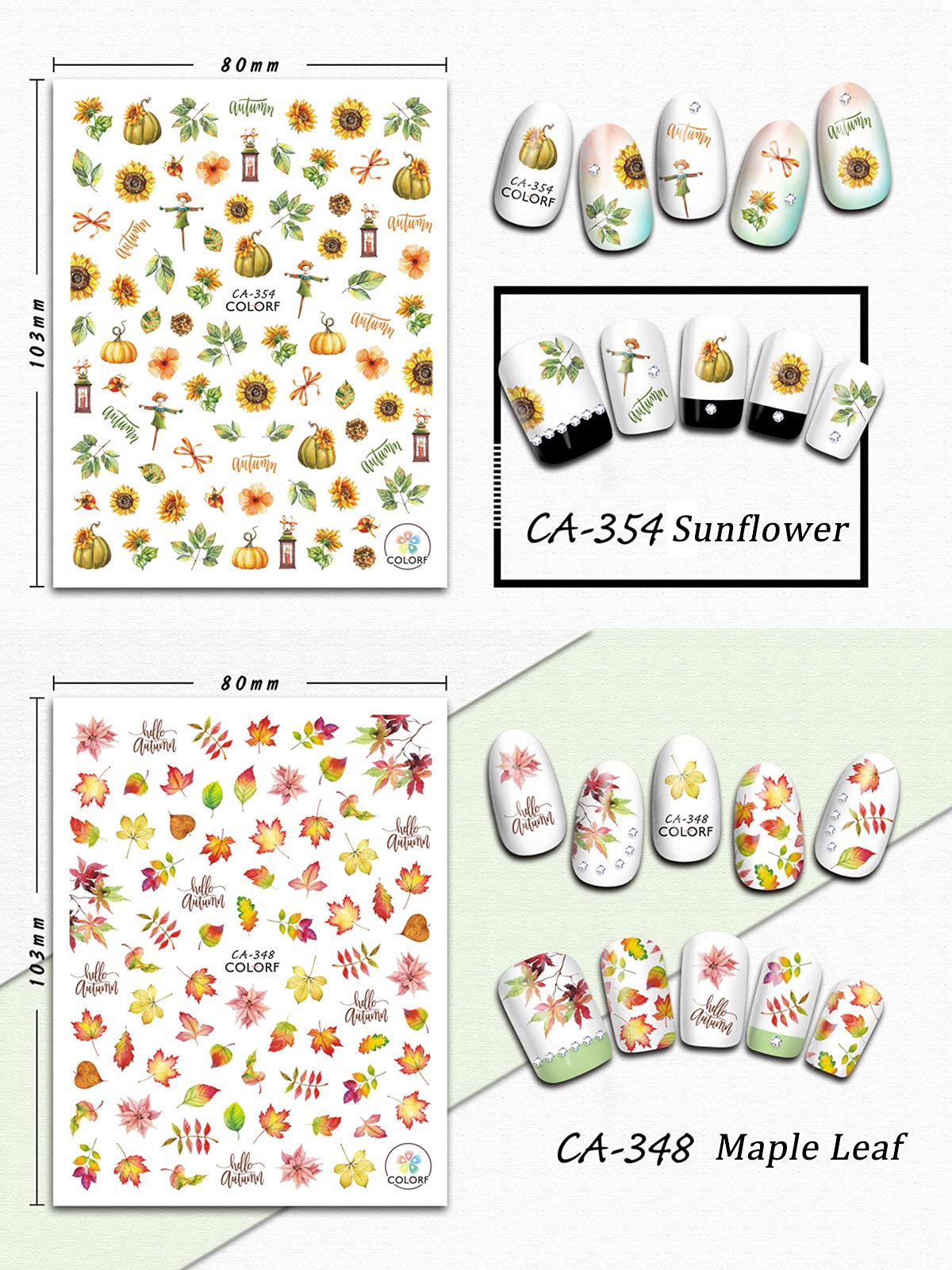 12 Sheets Fall Nail Art Sticker Decals, EBANKU Self Adhesive Maple Leaf Nail Stickers Autumn Thanksgiving Carton Animal Sticker for Women Girls Nail Decorations Nail Designs