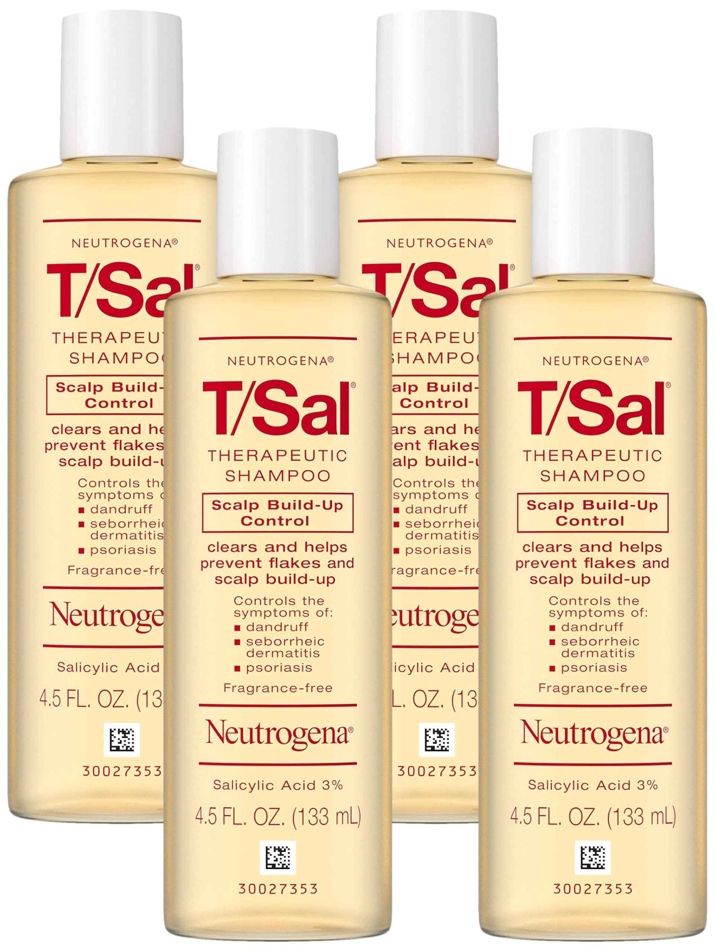 Neutrogena T/Sal Therapeutic Shampoo for Scalp Build-Up Control with Salicylic Acid, Scalp Treatment for Dandruff, Scalp Psoriasis & Seborrheic Dermatitis Relief, 4.5 fl. oz (Pack of 4)