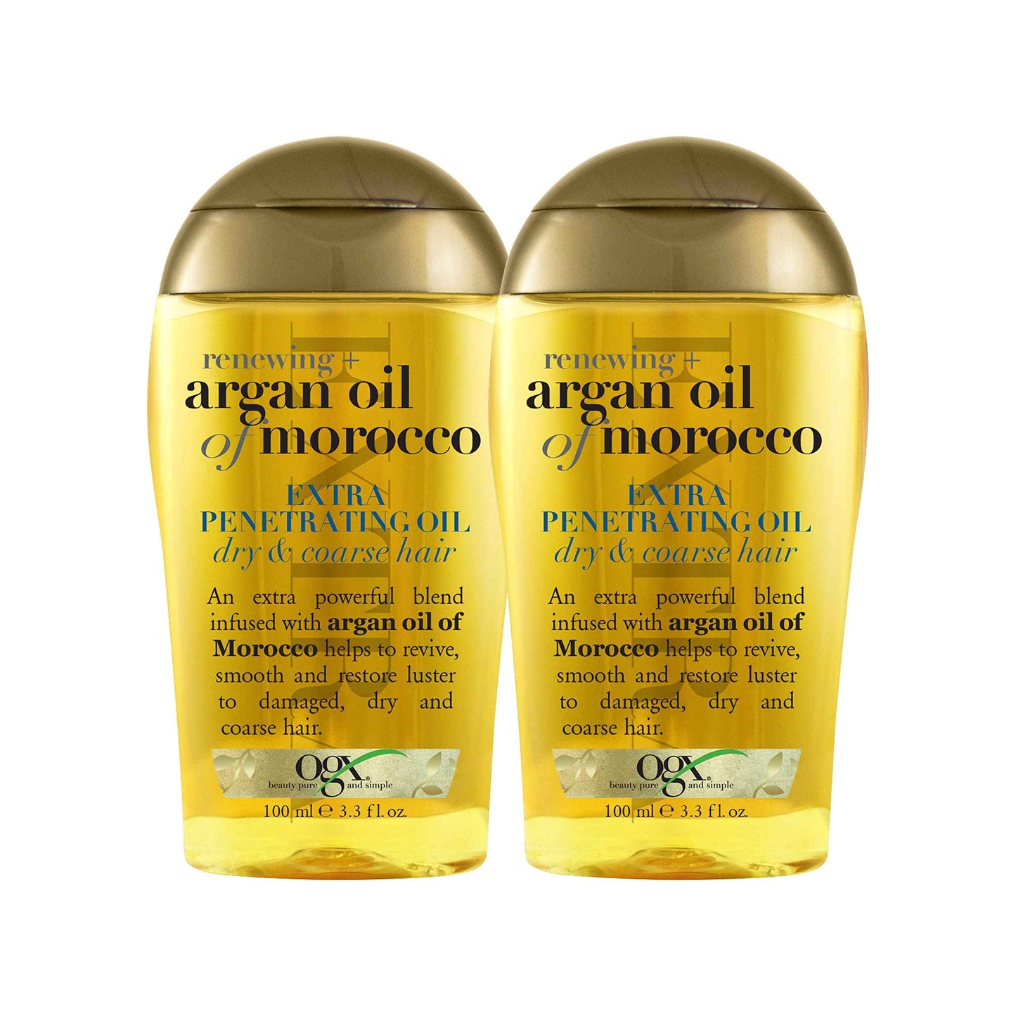OGX Set of 2 Extra Strength Renewing + Argan Oil of Morocco Penetrating Hair Oil Treatment, Deep Moisturizing Serum for Dry, Damaged & Coarse Hair, Paraben-Free, Sulfated-Surfactants Free, 3.3 Fl Oz