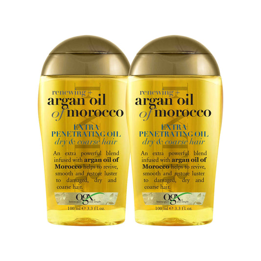 OGX Set of 2 Extra Strength Renewing + Argan Oil of Morocco Penetrating Hair Oil Treatment, Deep Moisturizing Serum for Dry, Damaged & Coarse Hair, Paraben-Free, Sulfated-Surfactants Free, 3.3 Fl Oz