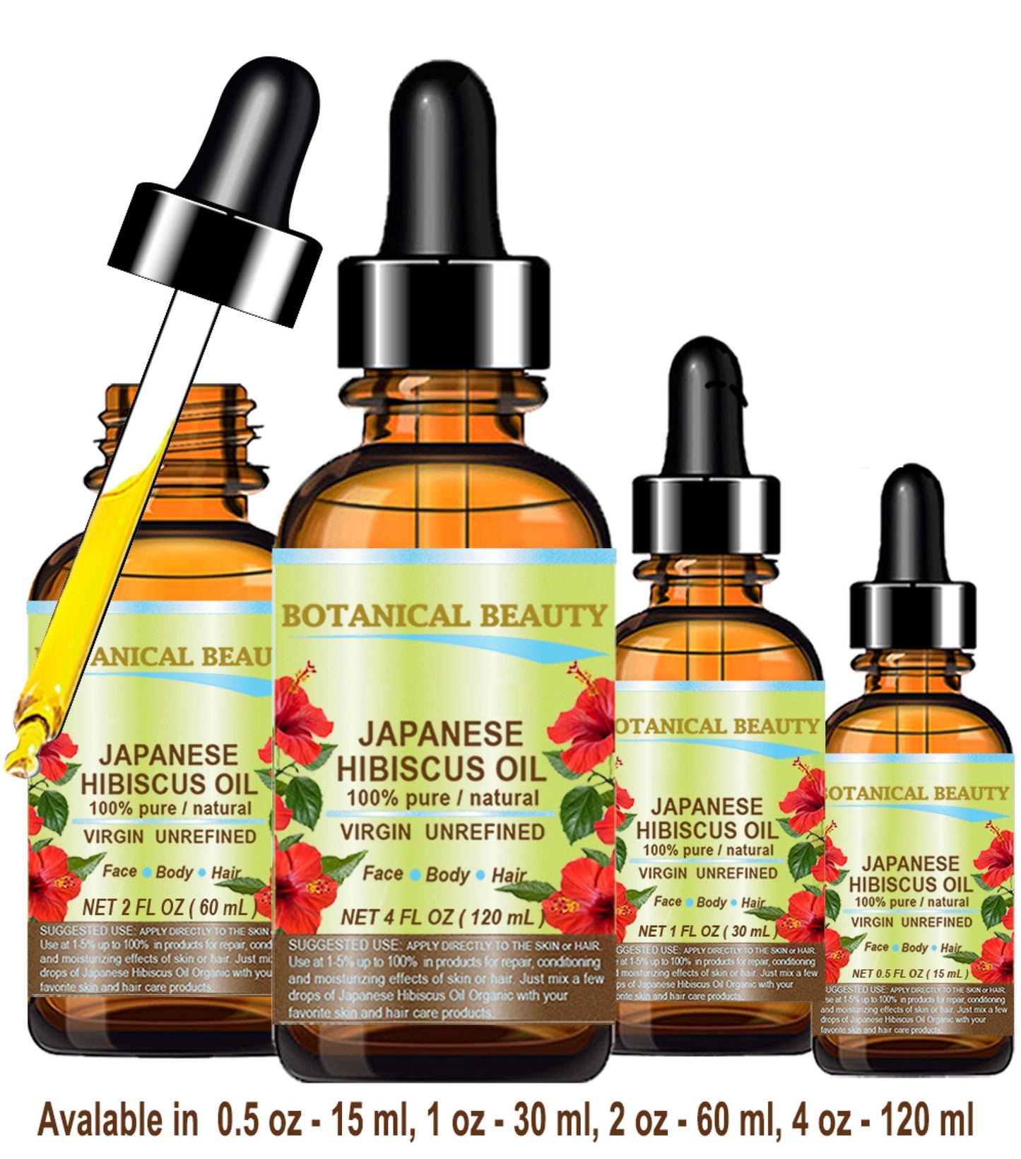 Botanical Beauty HIBISCUS OIL (Hibiscus Sabdariffa) JAPANESE 100 Pure Natural VIRGIN UNREFINED COLD PRESSED Anti Aging, Vitamin E oil for FACE, SKIN, HAIR GROWTH 2 Fl.oz.- 60 ml