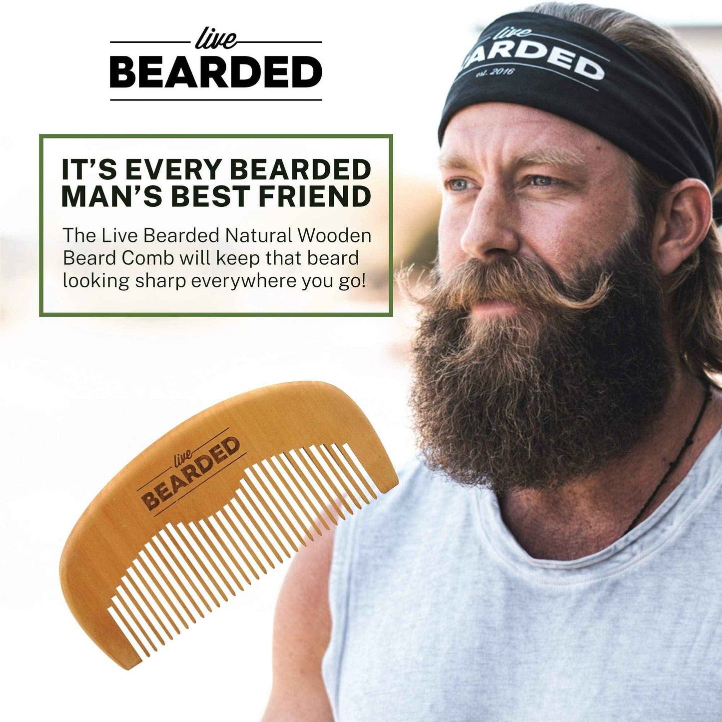 Live Bearded Premium All-Natural Wooden Beard Comb - Anti-Static - Reduce Snagging, Damage and Ingrown Hairs - Keep Mustache Off Your Lip - Fits in Pocket - Easy Daily Grooming