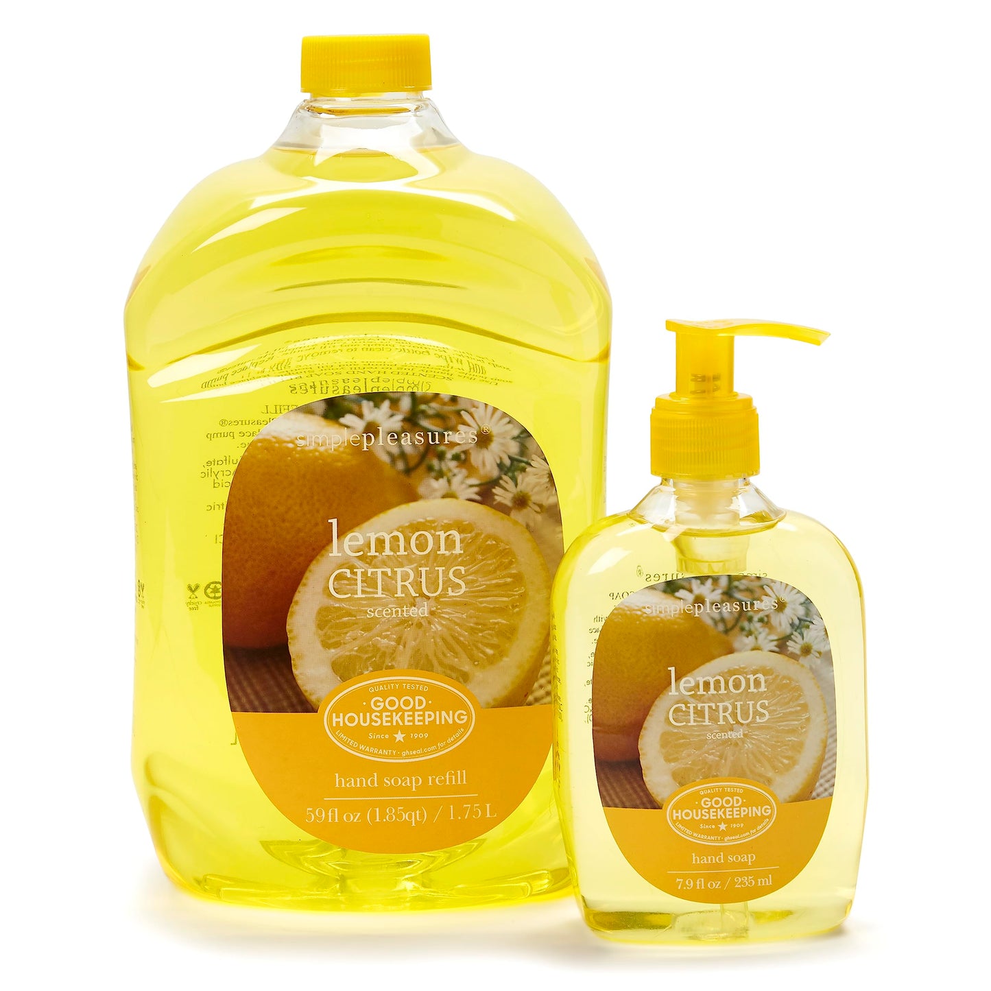 SIMPLE PLEASURES Premium Hand Soap Collection - Lemon Scent, 7.9 oz Bottle with Jumbo 59 oz Refill - Goodhousekeeping Seal Approved - Multiple Scents Lemon Hand Soap Dispenser, Lemon Hand Soap Refills