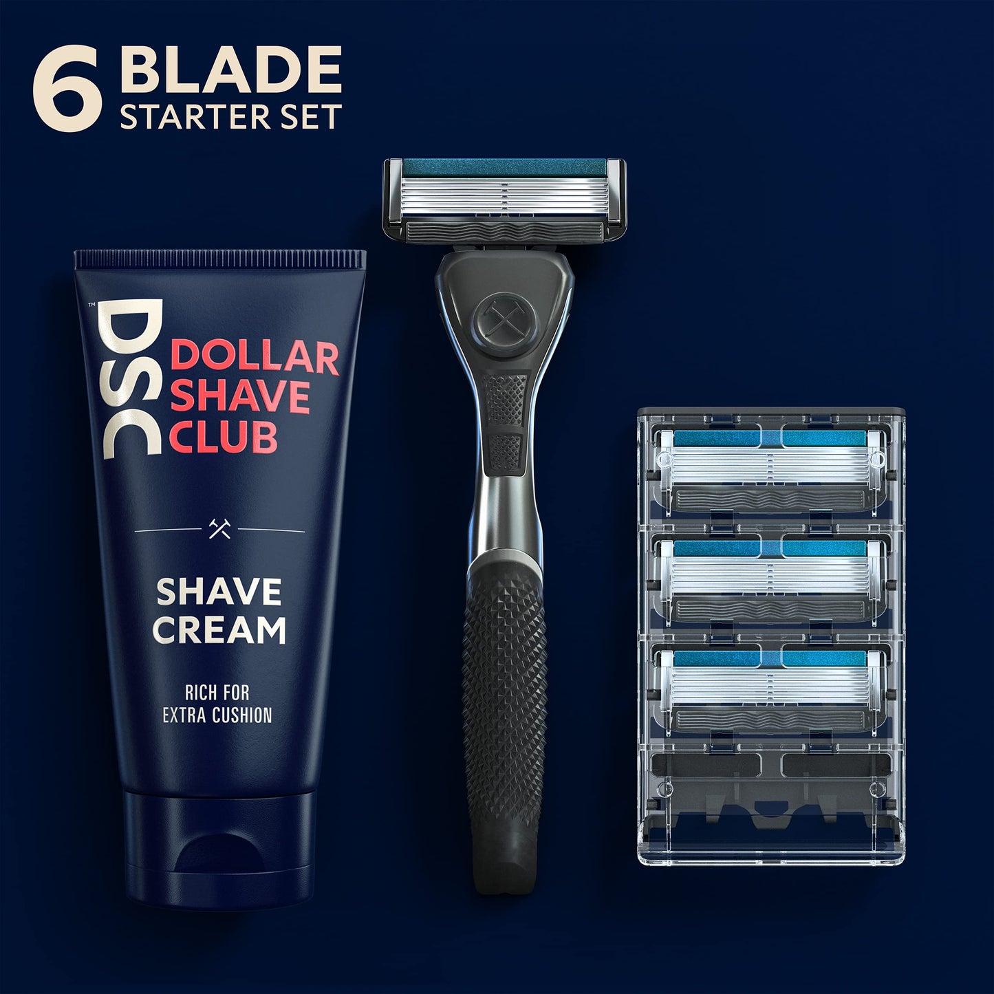 Dollar Shave Club | Diamond Grip Club Razor Handle, 6-Blade Club Razor Cartridges, Shave Cream with Aloe and Coconut Oil, Easy to Grip Handle, Shaving Kit, Value Bundle, 6 Piece Set