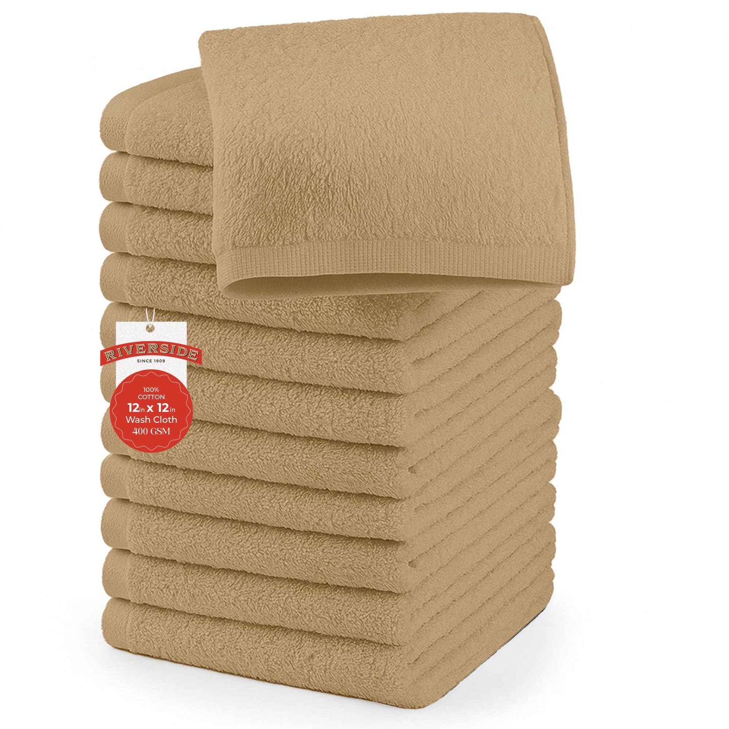 RIVERSIDE 12 Pack Washcloths - 12x12 Inches, 400 GSM, 100% Ring-Spun Cotton - Soft, Absorbent & Durable Face and Body Towels - for Bathroom, Spa, Gym, Makeup Removal & Everyday Use - Tan