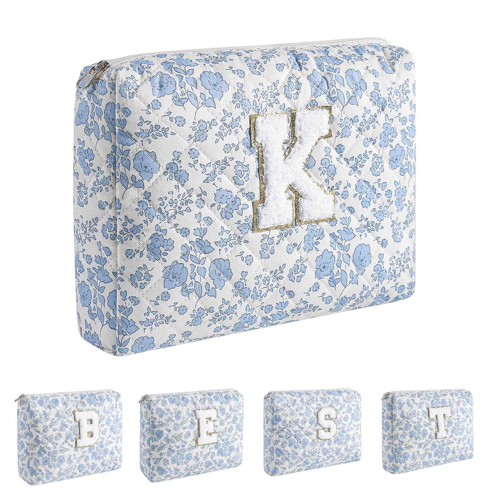 WHHJM Alphabet Makeup Bag Cosmetic Bag for Women, Christmas Gifts for Age 11-18, Personalized Floral Coquette Travel Bag, Trendy Stuff Zipper Make Up Pouch Organizer Bag (Blue Floral K)