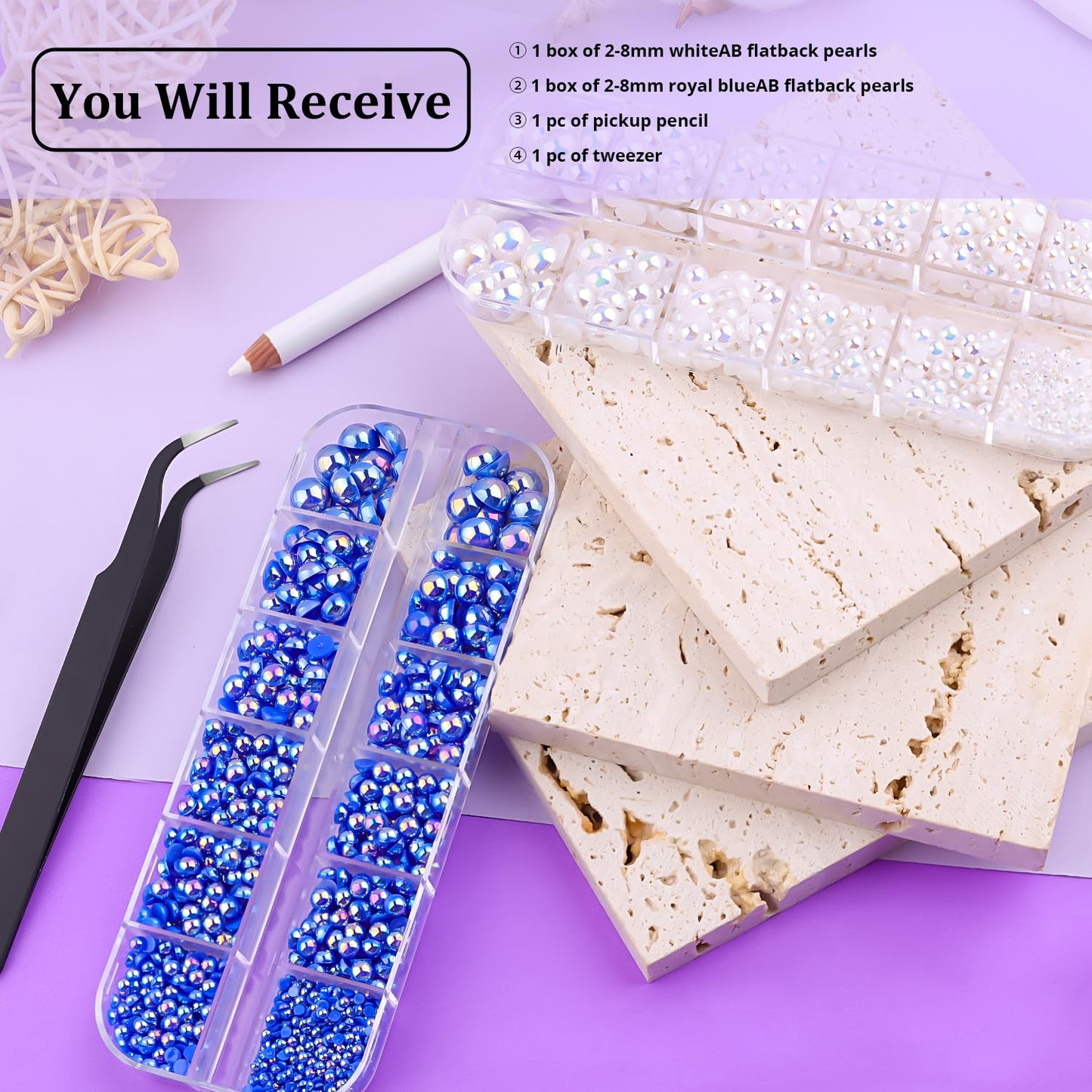 2 Boxes Flat Back AB Pearls Kit 6 Flatback White&Royal Blue AB Half Round Pearls 2-8mm with Pickup Pencil and Tweezer for Home DIY and Professional Nail Art, Face Makeup and Craft