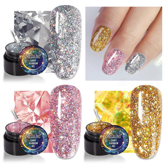 Gorvalin 3D Glitter Gel Nail Polish Set, 3 Colors 15 ml High Density Silver Gold Pink Sparkle Nail Gel Polish for Salon Home Manicure Nail Art DIY