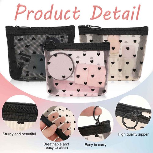 3Pcs Mini Cosmetic Bags, Heart Print Mesh Zipper Bags, Lipstick Accessories Organizer, Makeup Bag for Women, Small Purse Bag, 3 Colors