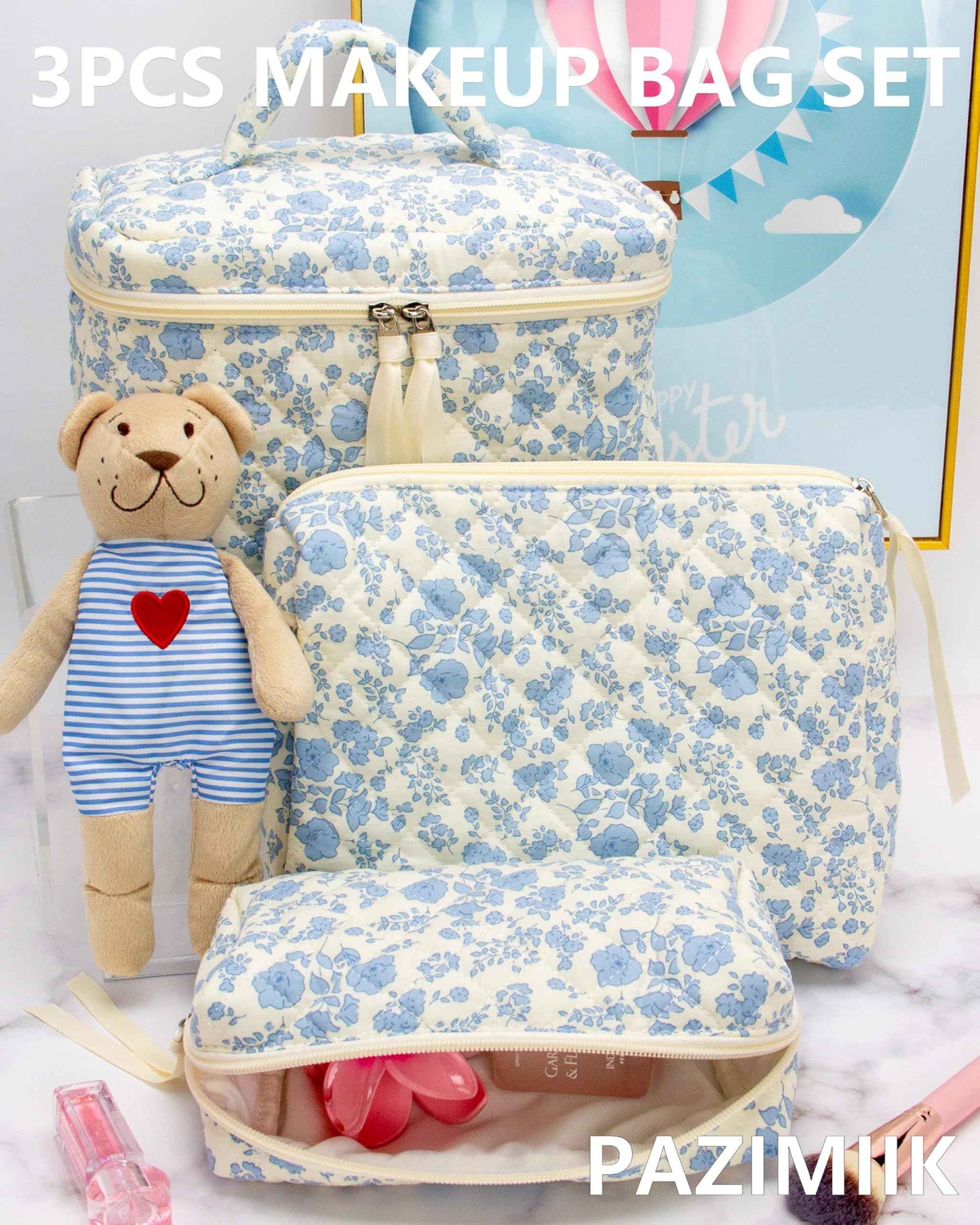 PAZIMIIK 3PCS Makeup Bag SET Large Travel Quilted Zipper Soft Cosmetic Case Pouch for Women Girls Make Up,Little Flower Blue