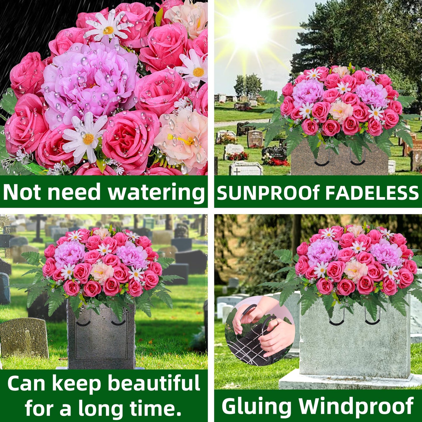 Lodou Artificial Cemetery Flower Saddles for Graves,Outdoor Grave Saddle Headstone Decorations,Artificial Rose Bouquet Grave Memorial Flowers for Grave Decorations (Dark Pink Rose, Saddle)