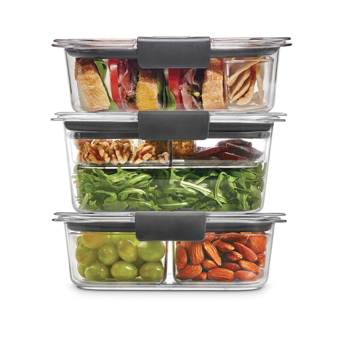 Rubbermaid Brilliance BPA-Free 3 Set Food Storage Containers with Lids, Removable Trays, Airtight, Leak-Proof, Ideal for Meal Prep, Lunch, and Leftovers