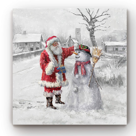 Renditions Gallery Xmas Canvas Paintings for Home Decorations Joyful Santa with Snowman in in Winter Snow Abstract Wall Art for Dining Living Room Kitchen Decor - 32"X32" LT05