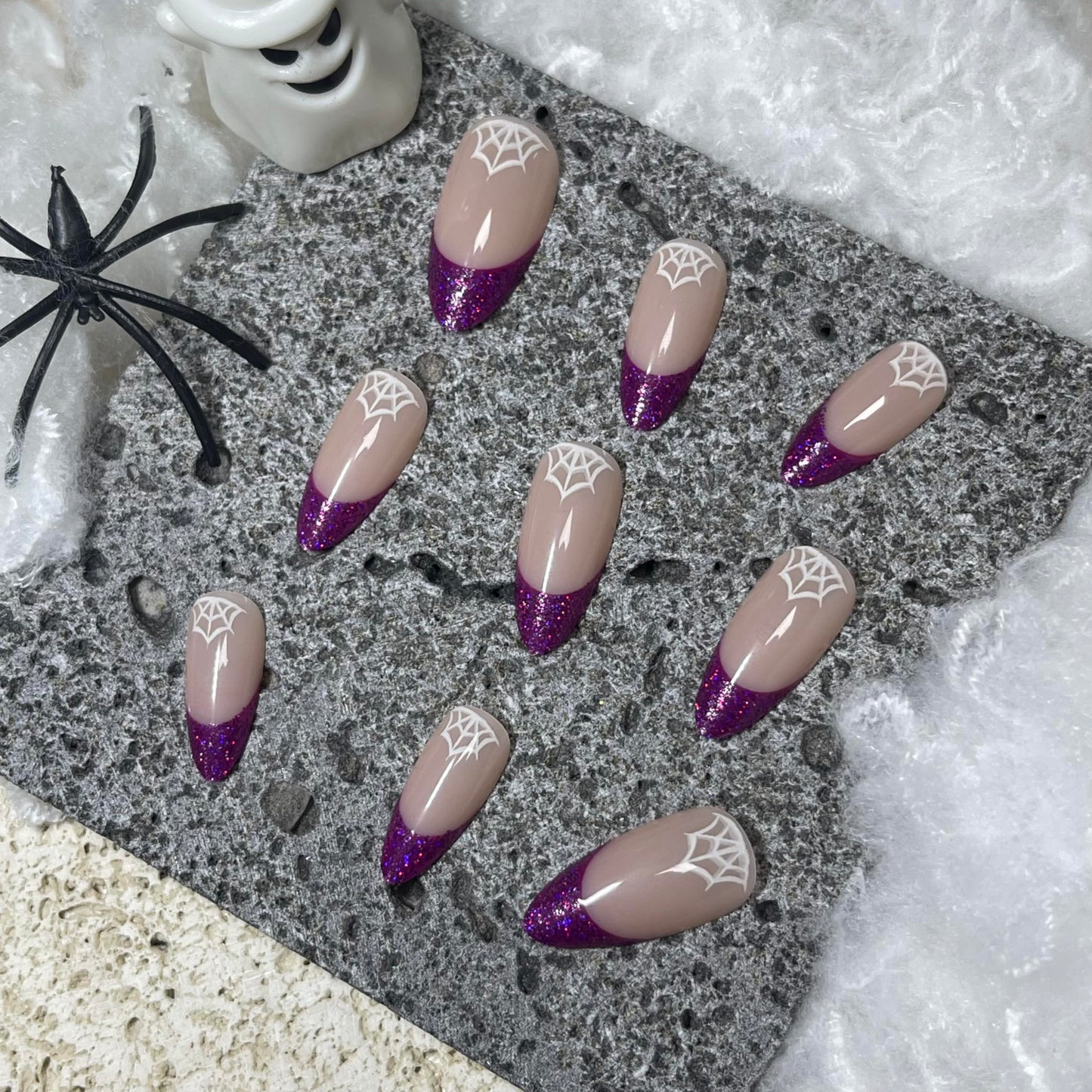 French Tip Press on Nails Medium Almond Halloween Fake Nails with Purple Glitter Design Glossy False Nails Spider Web Patterned Halloween Nails Acrylic Nails Full Cover Glue on Nails for Women 24Pcs