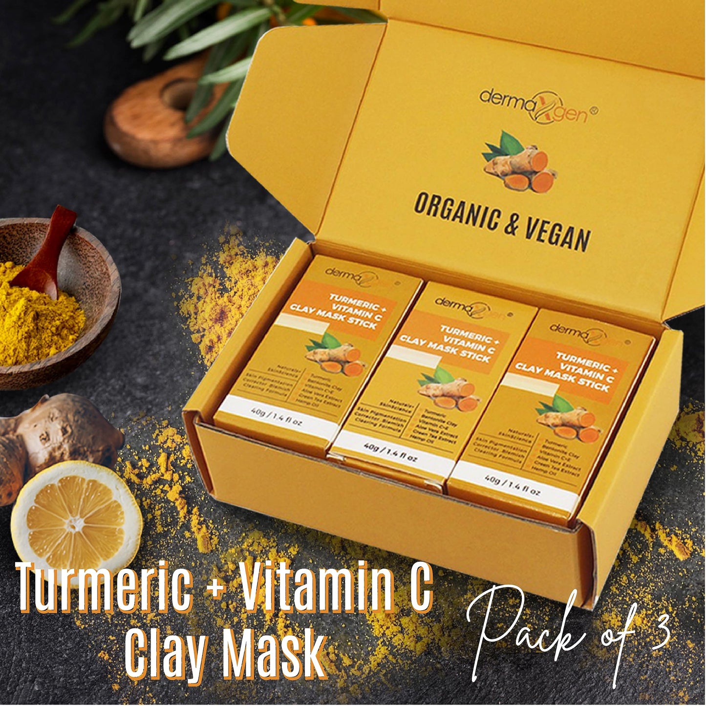 DERMAXGEN Organic Turmeric Mask Stick - for Clear, Radiant Skin - Acne & Scars Reduction, Healing Clay Pore Cleansing Facial Mask - Improve Skin Tone and Texture - All-Natural 1.4 Oz (Pack of 3)