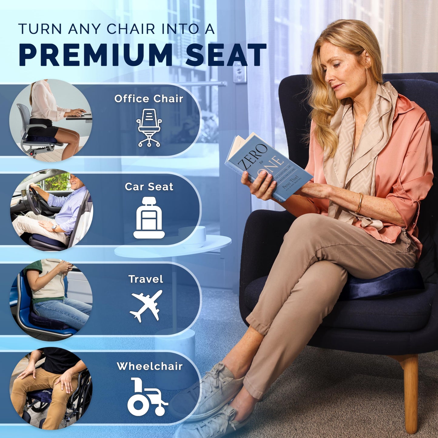 ComfiLife Gel Enhanced Seat Cushion – Office Chair Cushion – Non-Slip Gel & Memory Foam Coccyx Cushion for Tailbone Pain - Desk Chair Car Seat Cushion Driving - Sciatica & Back Pain Relief (Navy)