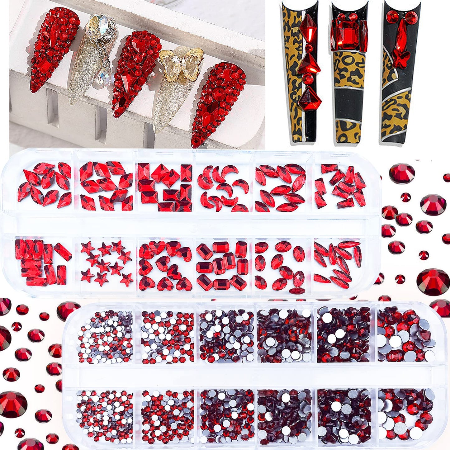 2120 Pcs Red Crystal Nail Rhinestones Round Beads Flatback Glass Gems Stones Multi Shapes Sizes Rhinestones Nail Charms for Nail DIY Crafts Clothes Shoes Jewelry