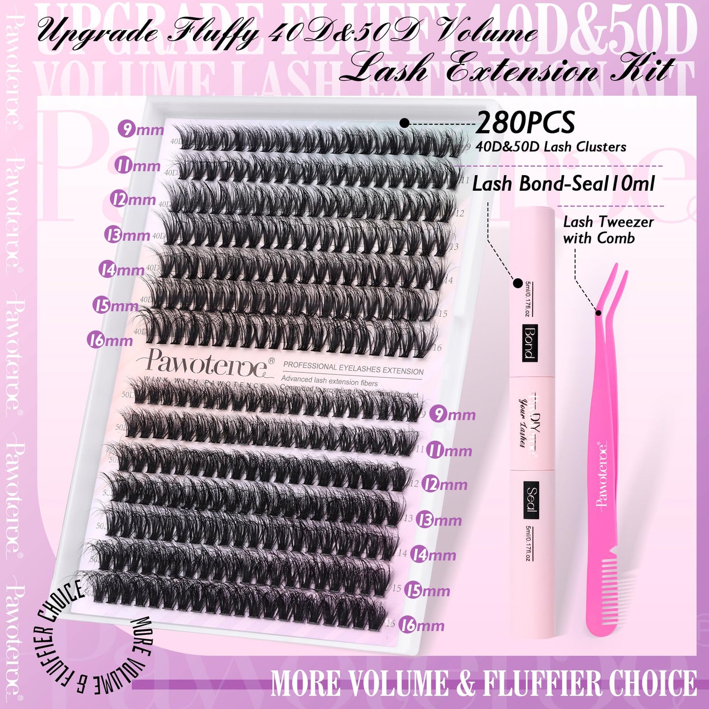 Pawotence Lash Extension Kit DIY Fluffy Individual Lash Clusters Kit D Curl with Lash Bond and Seal and Lash Applicator, 9-16mm Clusters Eyelash Extension Kit at Home (Fluffy 40D+50D-9-16MIX KIT)